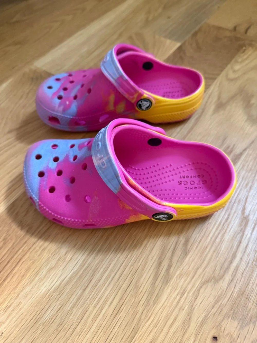 CROCS Kids' Pink Tie-Dye Clog with Blue and Yellow Accents